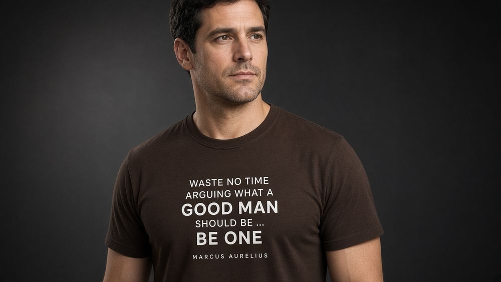 Be a Good Man Stoic men's tee on model, Huskarl heavyweight cotton