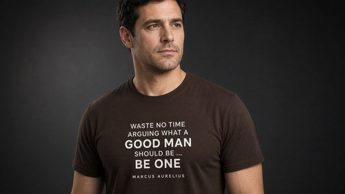 Be a Good Man Stoic men's tee on model, Huskarl heavyweight cotton