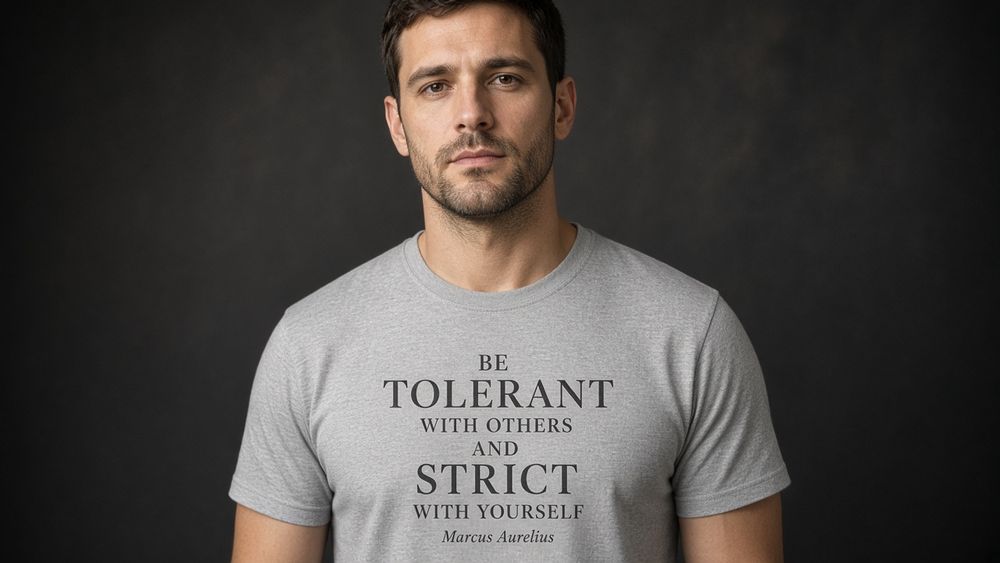 Tolerant With Others Strict With Yourself Stoic tee on model, Huskarl