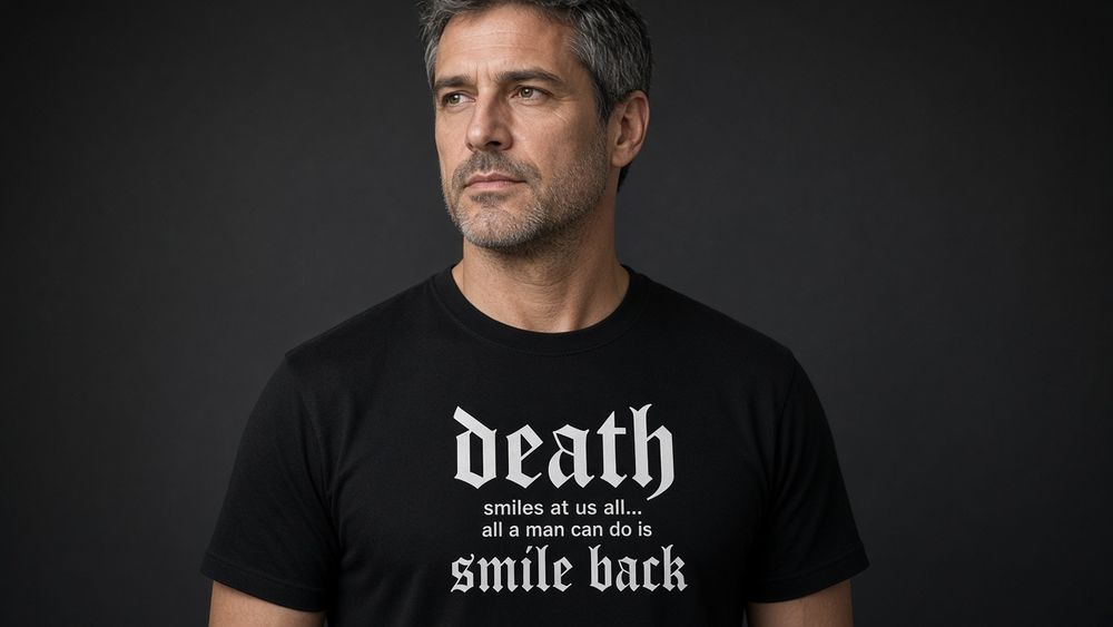 Death Smiles At Us All Stoic men's tee on model, Huskarl
